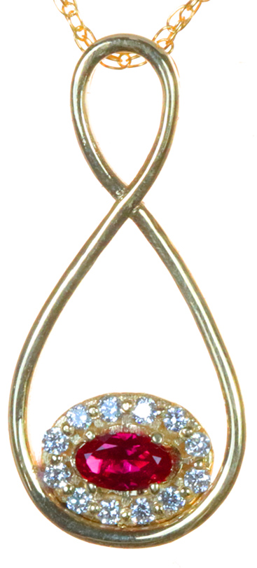 9ct yellow gold infinity pendant set with lab diamond halo with syn ruby 9ct yellow gold infinity pendant